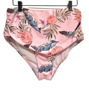 Pink bikini swimsuit bottom orange leaves blue feather print XL